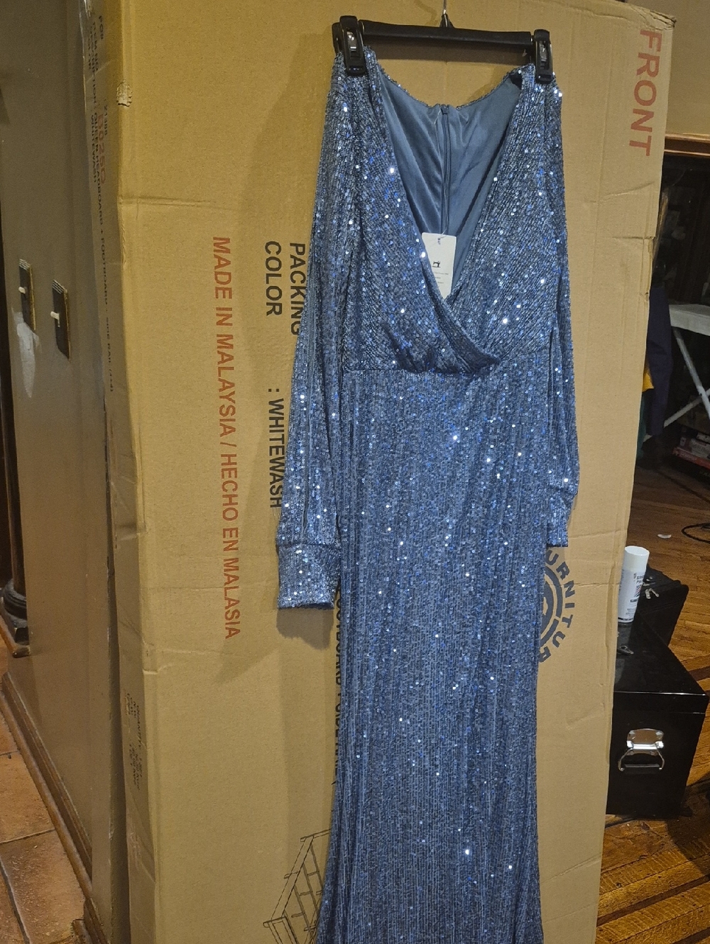 NEW---Blue Sequin V-Neck Evening Gown